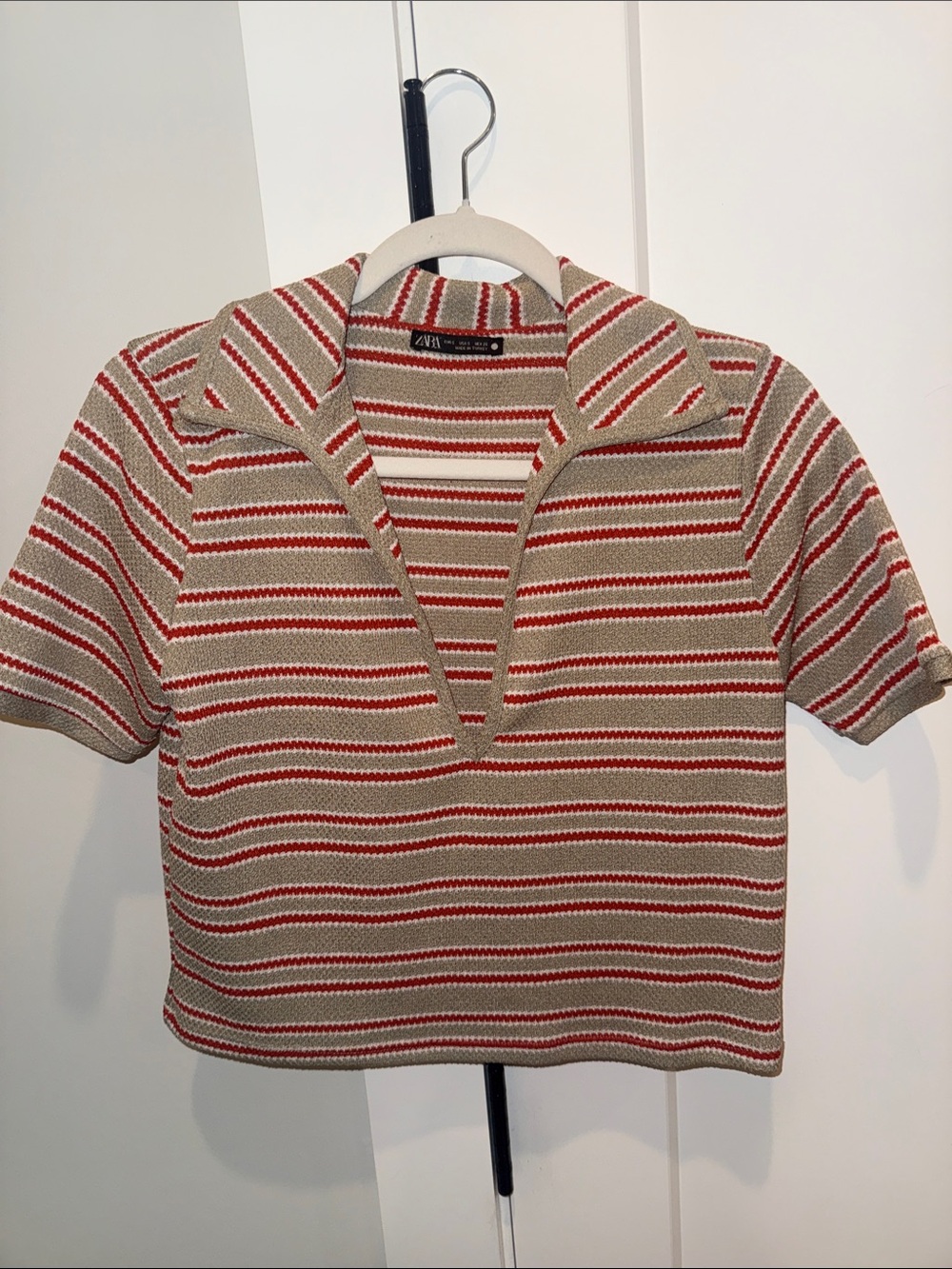 Zara Cropped Knit Polo with Red & Beige Stripes